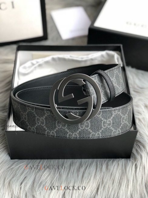 Gucci Black Leather Belt PVC Monogram Interlocking G Buckle